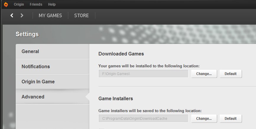 Origin > Application Settings > Advanced > Downloaded Games > Your games will be installed to the following location