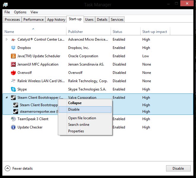 Task Manager, Start-up, Steam Client Bootstrapper, Dropdown menu, Disable