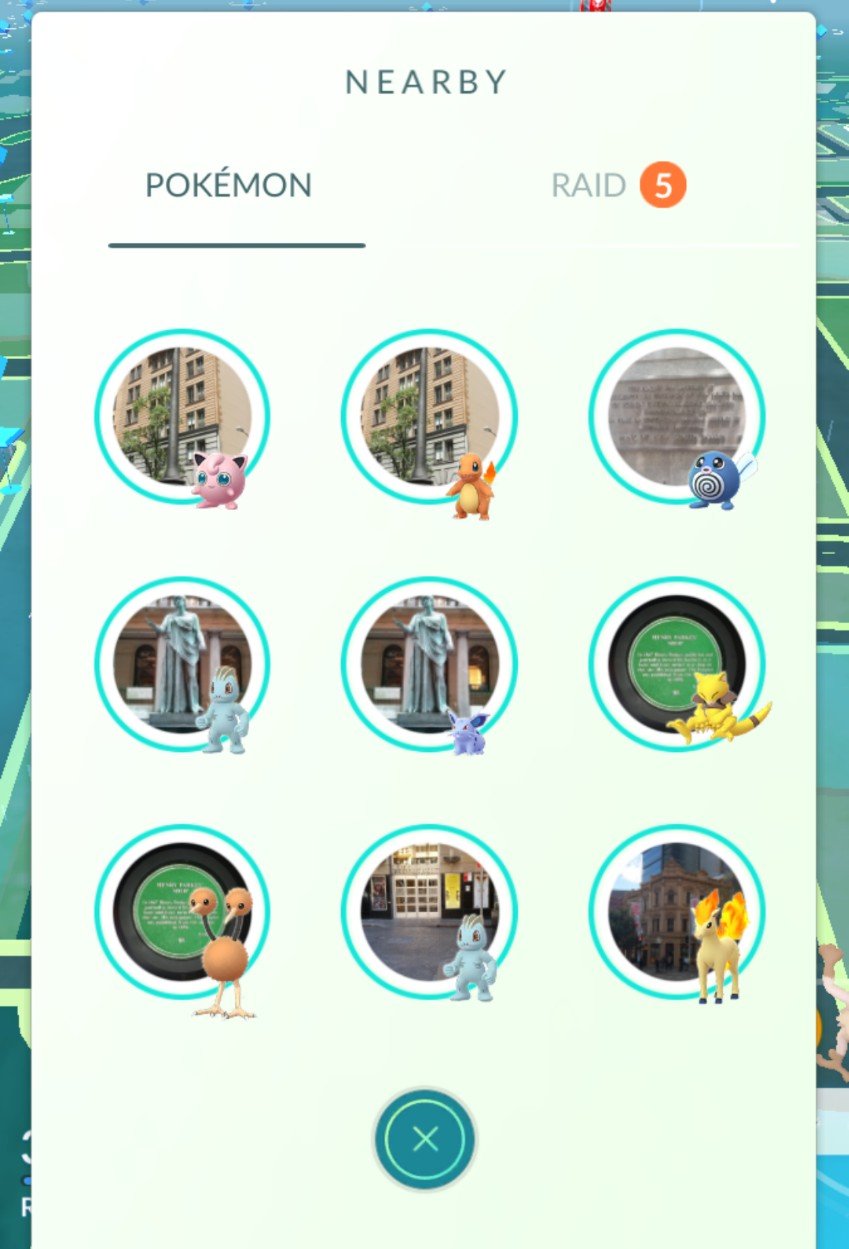 Typical "Nearby Pokémon" watch list in Pokémon Go