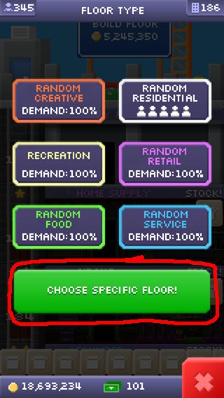 Tiny Tower floor type screenshot showing new floor selection with "Choose Specific Floor" highlighted.